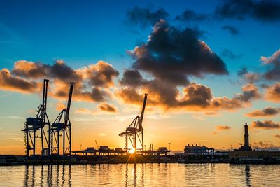 View of harbor at sunset