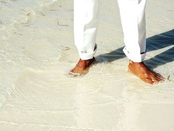 Low section of man standing on shore at beach