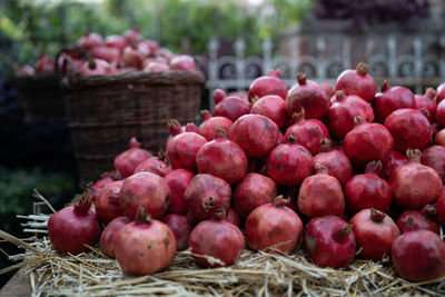 Harvest of ripe pomegranate on dry straw at outdoor farmer market in turkey. vegetarian healthy food