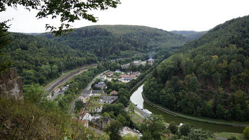 High angle view of trees on landscape against sky