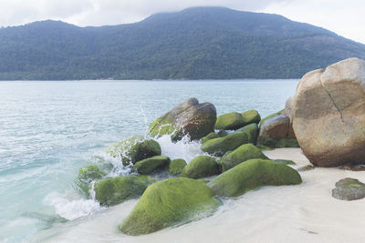 Rocks on sea shore against mountains