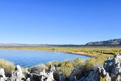 Scenic view of lake against clear blue sky