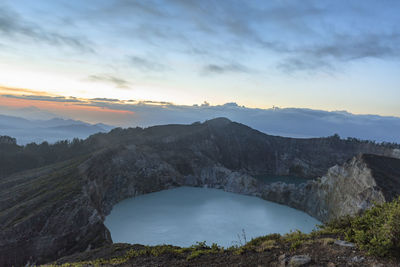 Scenic view of mountains against sky during sunset