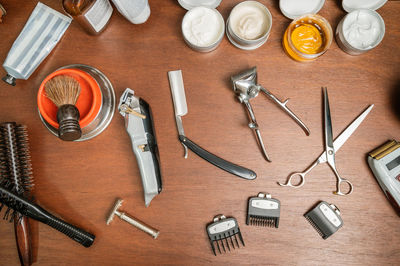 High angle view of work tools on table