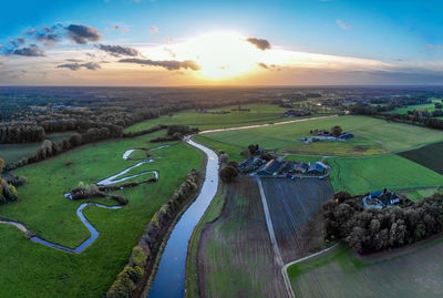 High angle view of landscape against sky during sunset