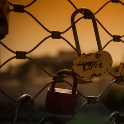 Close-up of padlocks hanging on fence