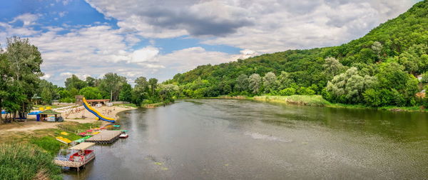 Seversky donets river near the svyatogorsk or sviatohirsk lavra on a sunny summer morning