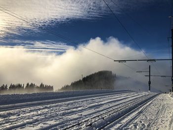 Aerial view of snow covered railroad tracks against sky