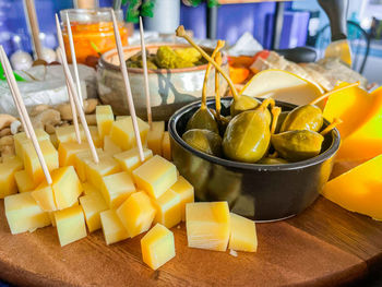 Close-up of a cheese plate with fruits