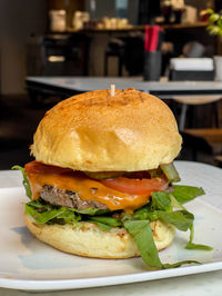 Close-up of burger in plate