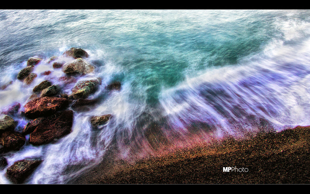 water, sea, beauty in nature, high angle view, scenics, nature, motion, rippled, waterfront, wave, surf, auto post production filter, rock - object, tranquility, tranquil scene, power in nature, long exposure, transfer print, idyllic, no people