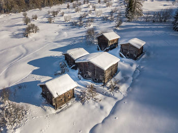 High angle view of snow covered land