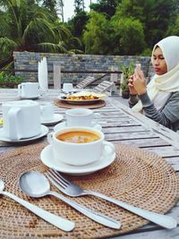 High angle view of breakfast on table