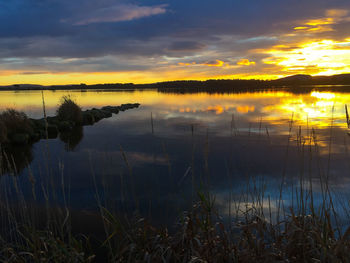Scenic view of lake at sunset