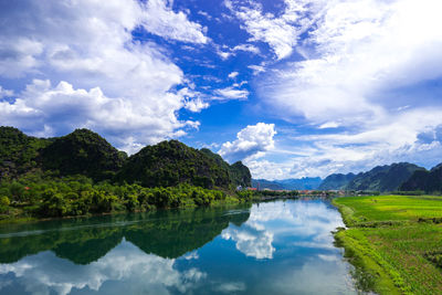 Scenic view of lake and mountains against sky