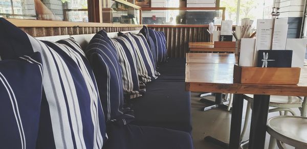 Empty chairs and tables in restaurant