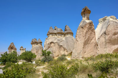 Low angle view of rock formation on cappadocia against clear blue sky