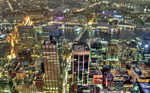 High angle view of illuminated cityscape at night