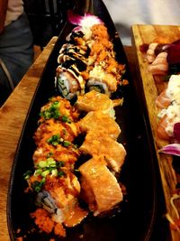 High angle view of meat in plate on table