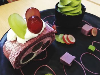 Close-up of dessert served on table