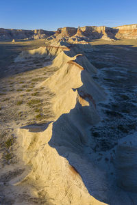 Aerial panoramas of desert landscape of coal mine canyon near tu