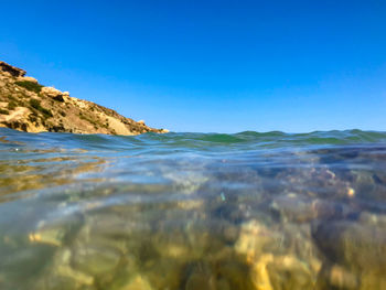 Scenic view of sea against clear blue sky