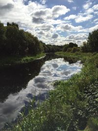 Scenic view of lake against cloudy sky