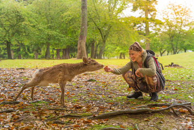 Woman with deer on field in park