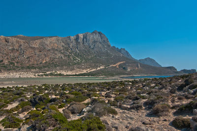 Scenic view of mountains against clear blue sky