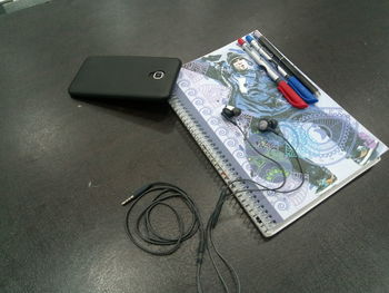 High angle view of open book on table