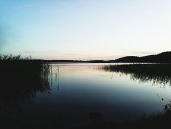 Scenic view of lake against clear sky during sunset