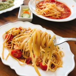 High angle view of pasta in plate on table