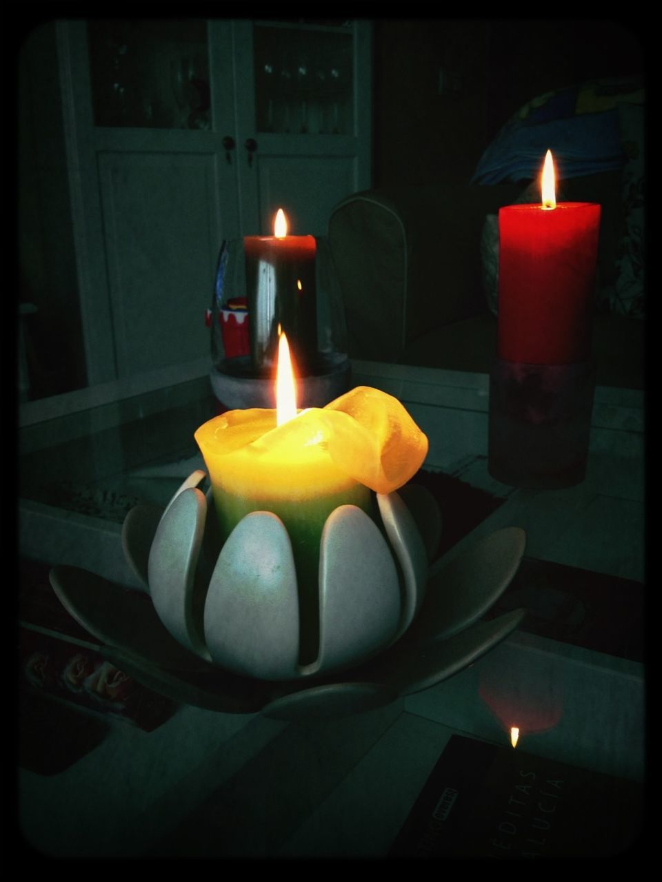 illuminated, indoors, transfer print, flame, candle, burning, auto post production filter, night, close-up, food and drink, still life, fire - natural phenomenon, glowing, table, glass - material, heat - temperature, lit, no people, dark, home interior