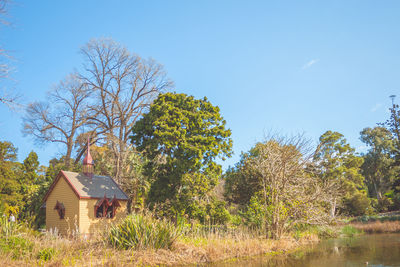 Plants and trees by building against clear blue sky