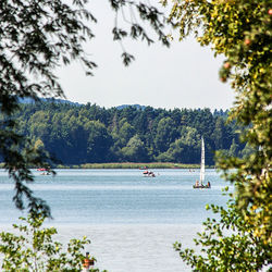 Boats sailing in sea against clear sky