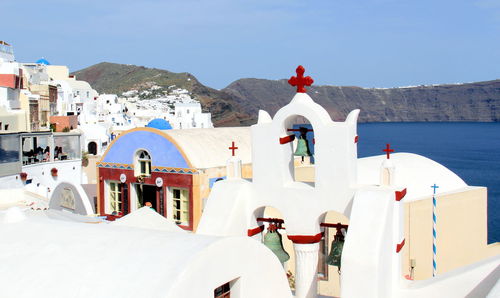 Panoramic view of sea and mountain against clear sky