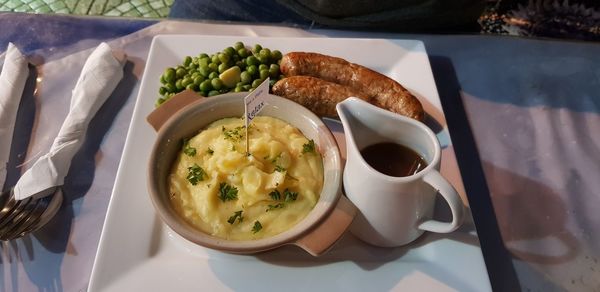 High angle view of breakfast served on table