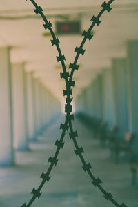 Close-up of barbed wire fence against building