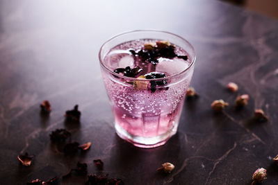 High angle view of drink in glass on table