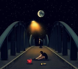 Digital composite image of people sitting on road against sky at night