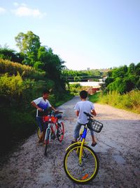 Rear view of men riding bicycle