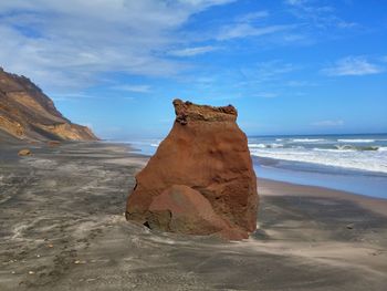 Rock at sandy beach against blue sky