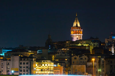 Illuminated buildings in city at night