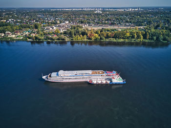 High angle view of city by sea