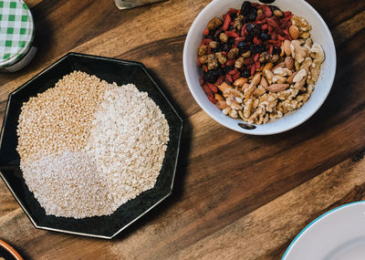 High angle view of breakfast served on table