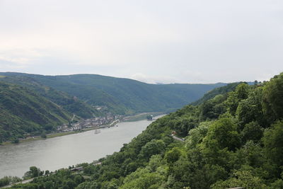 Scenic view of river by mountains against sky