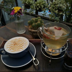 High angle view of tea served on table