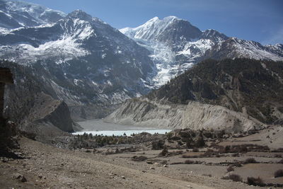 Scenic view of snowcapped mountains against sky