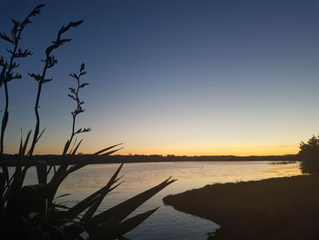 Scenic view of sea against clear sky during sunset