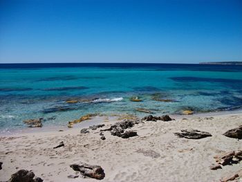 Scenic view of sea against clear blue sky